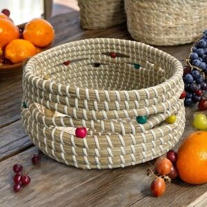 Wicker Tan Bowl Rattan
Basket Handmade Serving
Bowl w/ Beads, Fruit basket